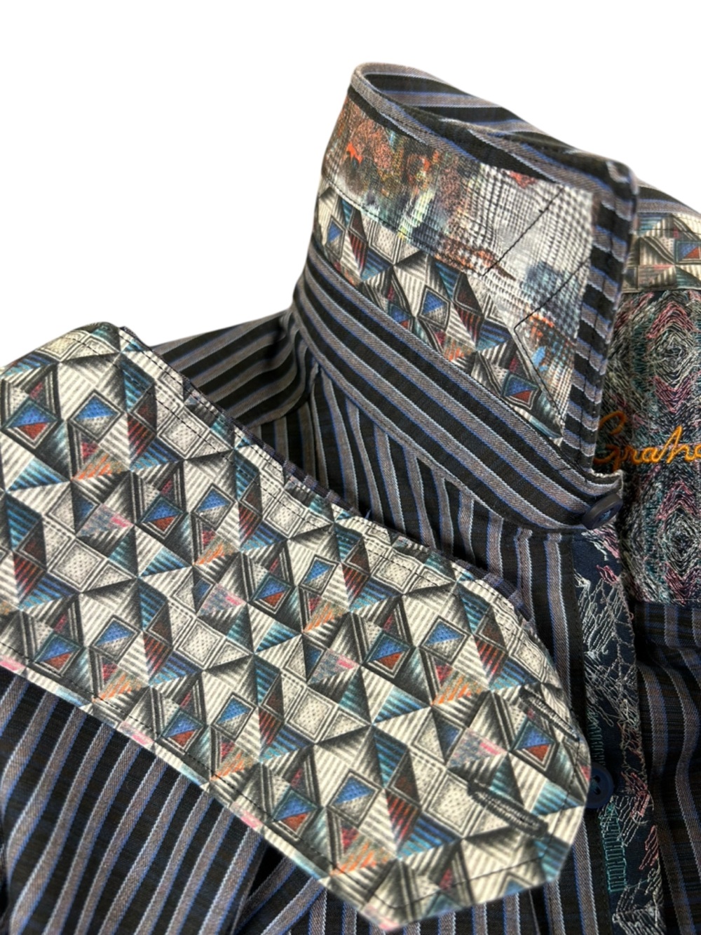 ROBERT GRAHAM Striped Button Down Geometric Flip Cuff Black Blue Gray Classic L - Picture 5 of 15